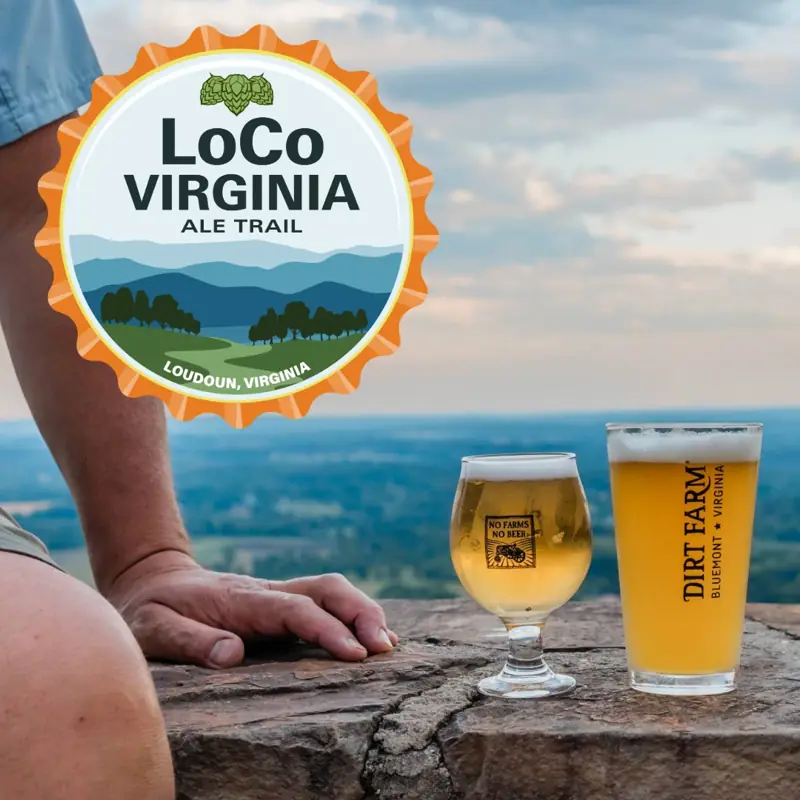 LoCo Virginia Ale Trail sign with two beers overlooking the mountains